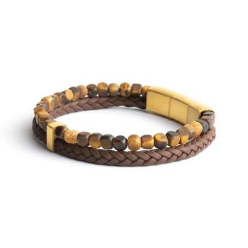 Doppelarmband mit italienischem Leder und 4 mm Tigerauge-Stein - Double Brown